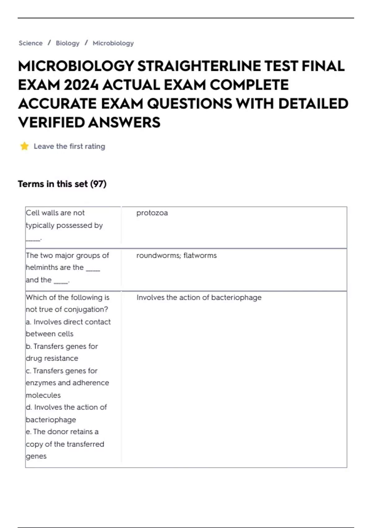 Microbiology Straighterline Test Final Exam Actual Exam Complete