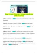   Real Estate Practice Exam Questions and answers   1. Brokerage definition... - Answerthe business practice of bringing together the parties in a practice.  2. What are two examples of special use property? - Answer schools and cemetery  3. What is a bro