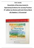 TEST BANK for Essentials of Nursing research:  Appraising Evidence for nursing Practice  9 th edition by Denise polit and Cheryl Beck all chapters 1-18 covered