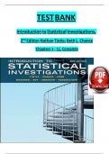 TEST BANK  Introduction to Statistical Investigations,  2nd Edition Nathan Tintle; Beth L. Chance  Chapters 1 - 11, Complete