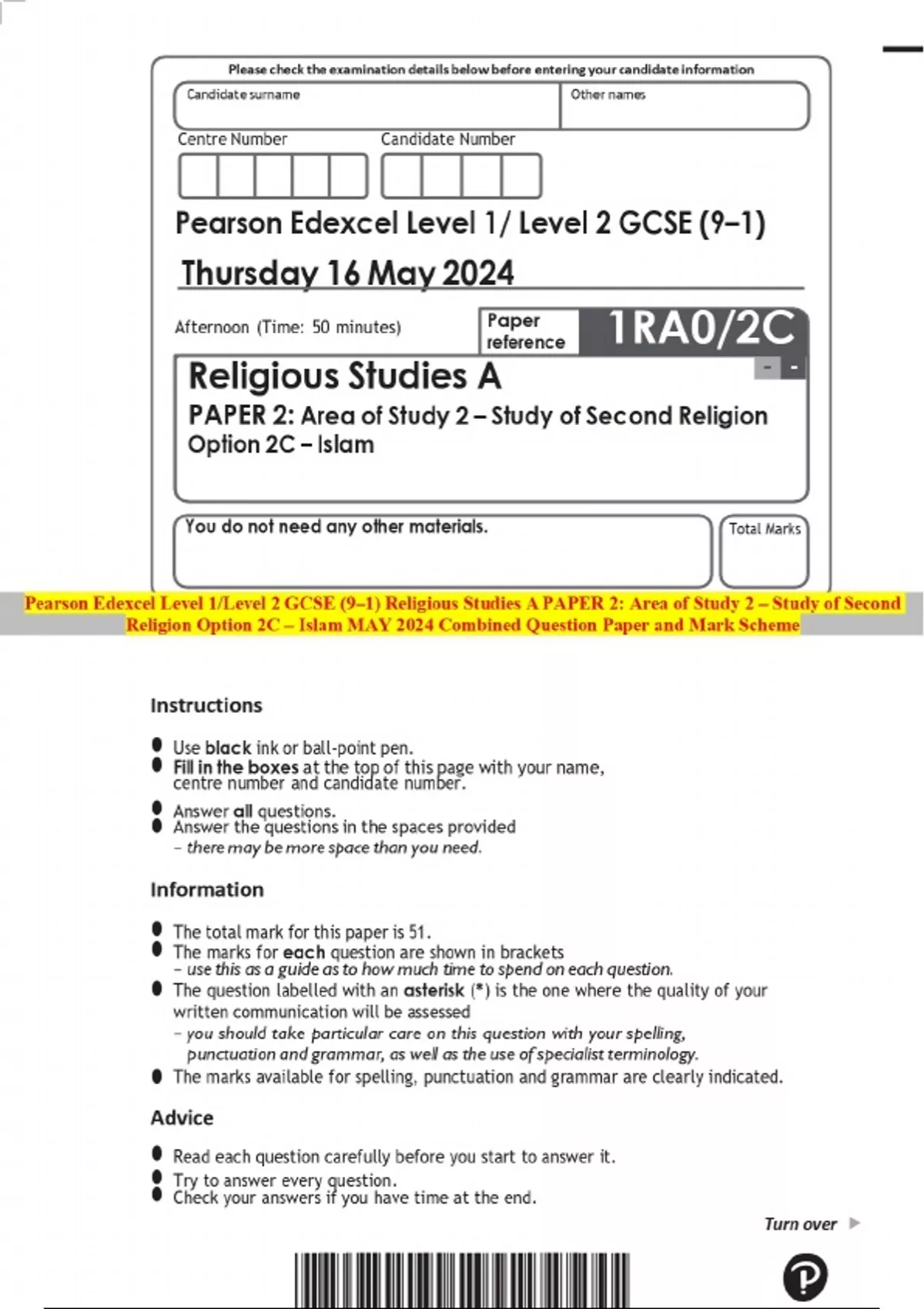 Pearson Edexcel Level 1/Level 2 GCSE (9–1) Religious Studies A PAPER 2 ...