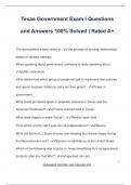 Texas Government Exam I Questions  and Answers 100% Solved | Rated A+