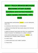 HEAVY TRUCK BRAKES MICHIGAN MECHANIC STUDY GUIDE | Questions and Correct Answers | Latest Update 2024/2025 | 100% PASS