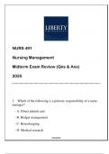 NURS 491 Nursing Management (LU) Midterm Exam Review Qns & Ans 2025