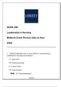 NURS 489 Leadership in Nursing (LU) Midterm Exam Review Qns & Ans 2025.