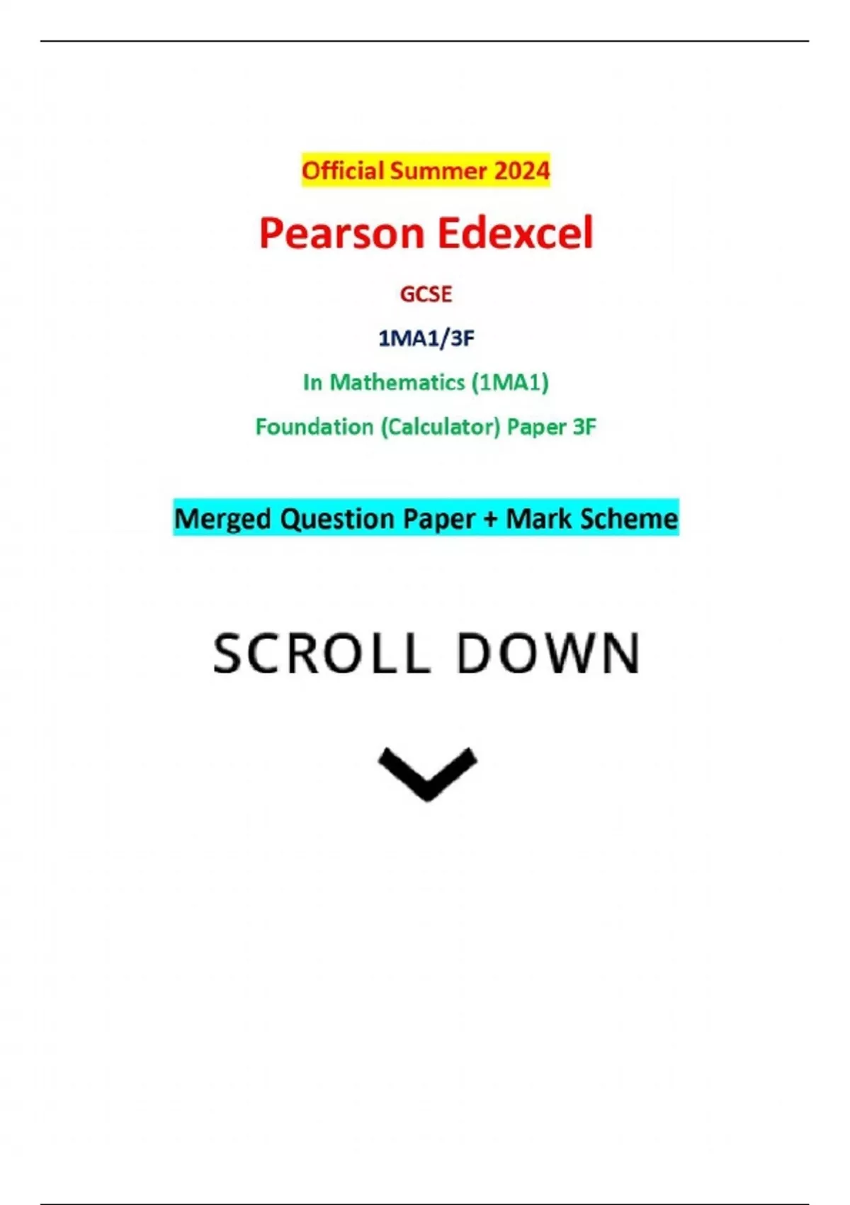 Official Summer 2024 Pearson Edexcel GCSE 1MA1/3F In Mathematics (1MA1 ...