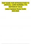 TEST BANK FOR INTRODUCTION TO CRITICAL CARE NURSING 7TH  EDITION BY SOLE Latest Updated Study Guide 2023/2024