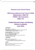 2024 Pearson Edexcel Level 1/Level 2 GCSE  Mathematics 1MA1/1H  PAPER 1 (Non-Calculator)   Higher Tier  Verified Question Paper and Marking  Scheme Combined.  June 2024.