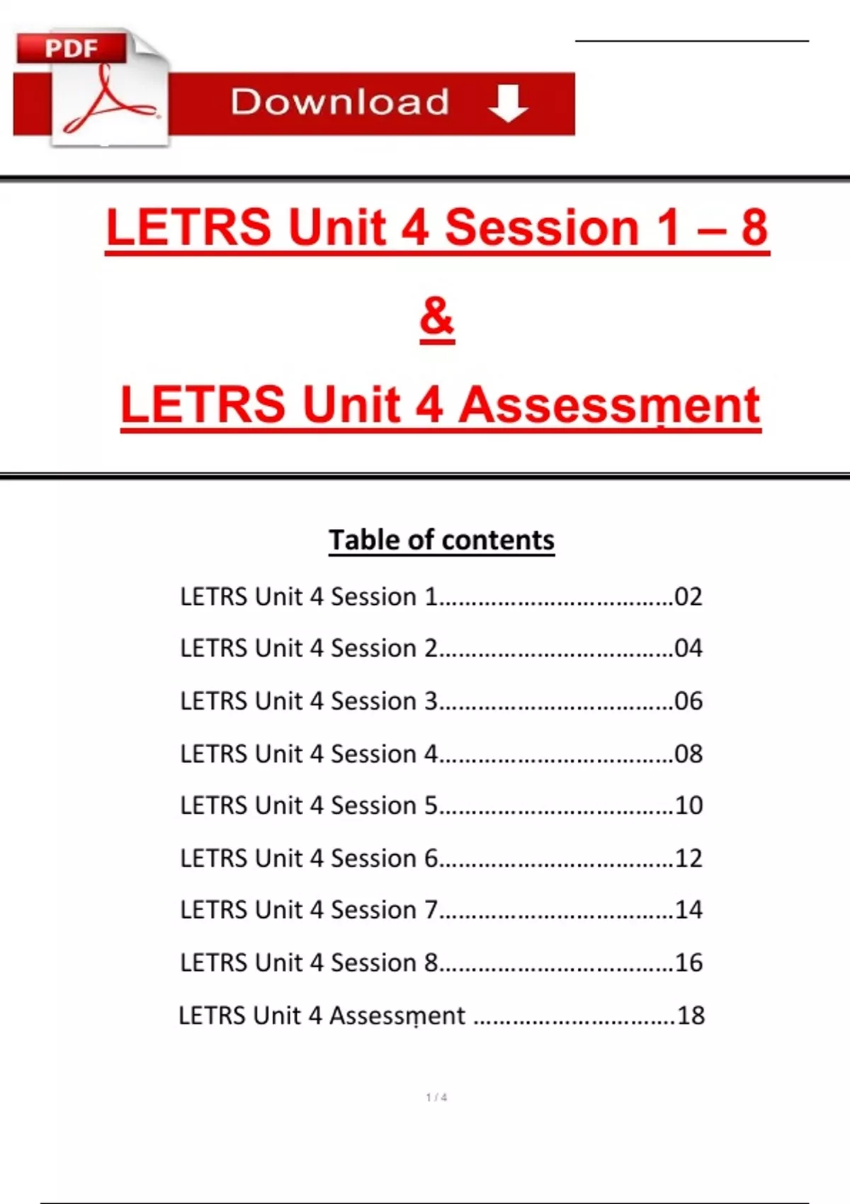 LETRS Unit 4 Session 1 8 and LETRS Unit 4 Assessment ALL IN ONE