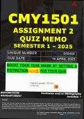 CMY1501 ASSIGNMENT 2 QUIZ MEMO - SEMESTER 1 - 2025 - UNISA – DUE DATE: - 16 APRIL 2025 (GUARANTEED A+!)