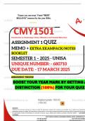 CMY1501 ASSIGNMENT 1 QUIZ MEMO - SEMESTER 1 - 2025 - UNISA – DUE DATE: - 17 MARCH 2025 (QUIZ ANSWERS - DISTINCTION GUARANTEED!) INCLUDES FREE EXAMPACK/NOTES