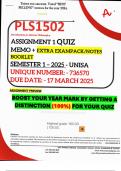 PLS1502 ASSIGNMENT 1 QUIZ MEMO - SEMESTER 1 - 2025 - UNISA – DUE DATE: - 17 MARCH 2025 (QUIZ ANSWERS - DISTINCTION GUARANTEED!) INCLUDES FREE EXAMPACK/NOTES