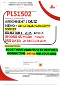 PLS1502 ASSIGNMENT 2 QUIZ MEMO - SEMESTER 1 - 2025 - UNISA – DUE DATE: - 24 MARCH 2025 (QUIZ ANSWERS - DISTINCTION GUARANTEED!) INCLUDES FREE EXAMPACK/NOTES