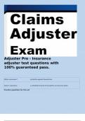   Adjuster Pro - Insurance adjuster test questions with 100% guaranteed pass.  What is insurance?	protection against financial loss what is a premium	a scheduled amount to be paid for an insurance policy. Practice questions for this set   Terms in this se