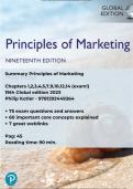 Summary Principles of Marketing, 19th Global Edition (ENG) - Ch. 1,2,3,4,5,7,9,10,12,14 (EXAM!) + test bank Q&A + core concepts explained + great weblinks