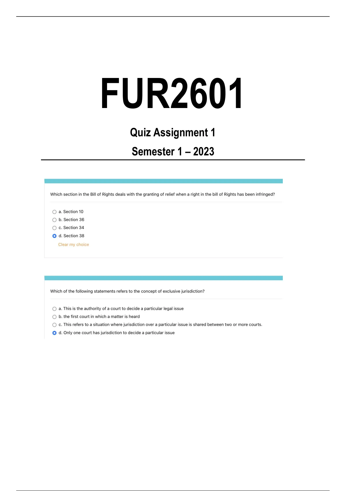 Fur2601 Assignment 1 Semester 1 2023 Fur2601 Fundamental Rights Stuvia Sa 2599