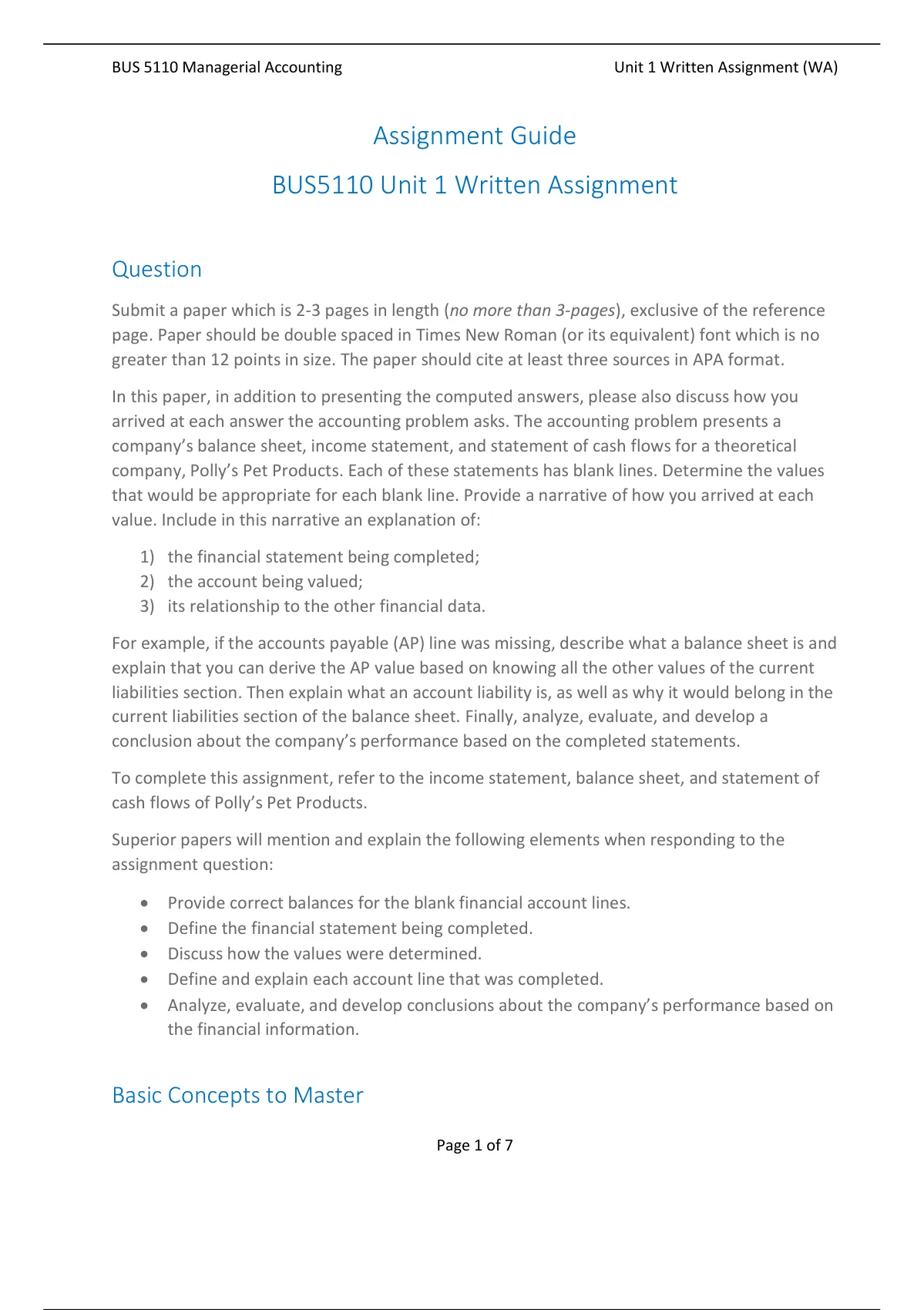 BUS 5110 Unit 1 Written Assignment Guide (100% Correct Calculations ...