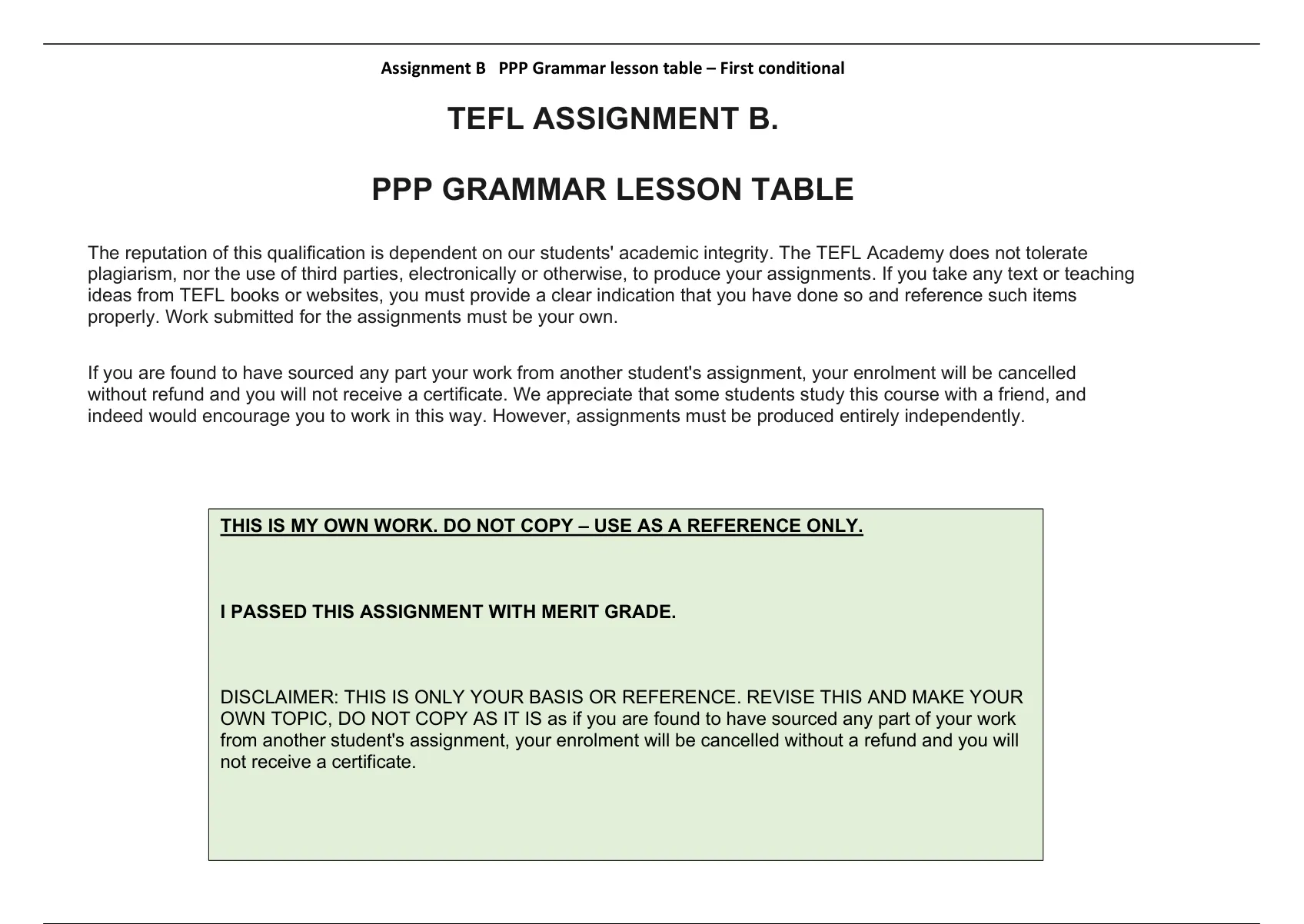 TEFL ASSIGNMENT B - PPP GRAMMAR LESSON TABLE - TEFL ACADEMY ...